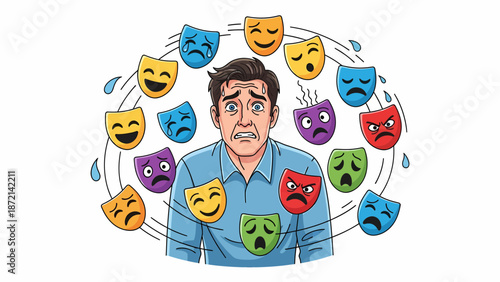 Man Surrounded by Masks Representing Different Emotions and Feelings.