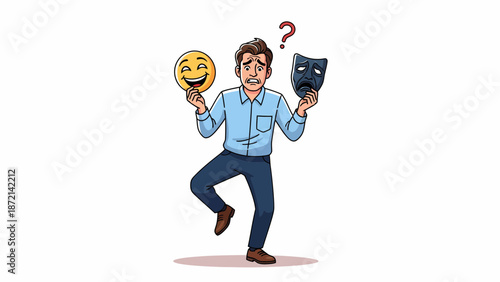 Man Torn Between Happy and Sad Masks Questioning His True Emotions.