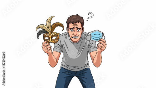 Mans Dilemma Choosing Between a Party Mask and a Face Mask.