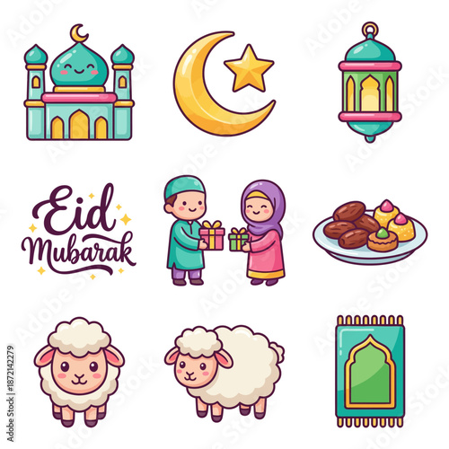 Festive collection of Islamic cultural elements and symbols celebrating Eid, including mosque, crescent moon, lantern, gift-giving, and sheep