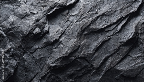 Close-up of dark grey, textured slate rock surface, showing detailed cracks and layers