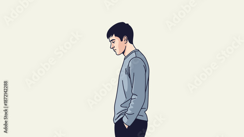 Pensive Man with Hands in Pockets Looking Downward.