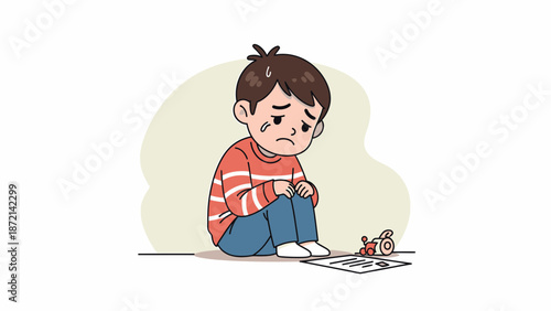 Sad Boy Sitting Alone with Toys and Drawing.
