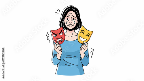 Woman Holding Masks Exploring Bipolar Disorder and Emotional Facades.