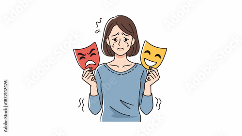 Woman Torn Between Anger and Happiness Holding Masks.