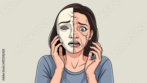 Woman with a Mask Depicting Inner Turmoil and Emotional Distress.