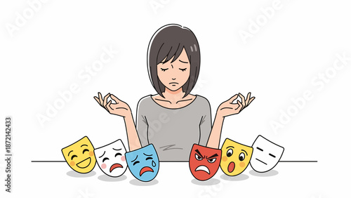 Woman Surrounded by Masks Exploring Emotions and Mental Health.