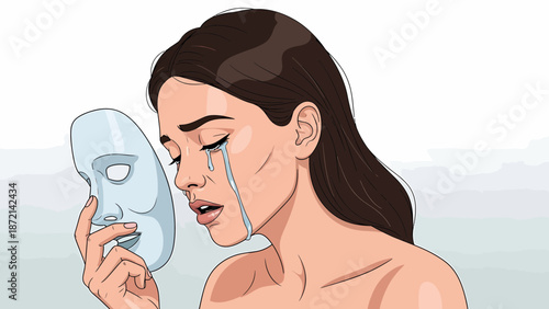 Woman Shedding Tears While Holding a Mask Revealing Hidden Emotions.