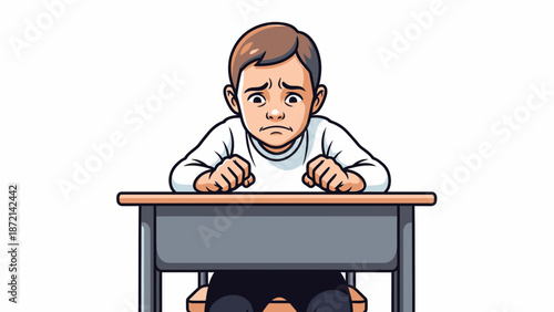 Worried Boy Sitting at Desk with Anxious Expression.