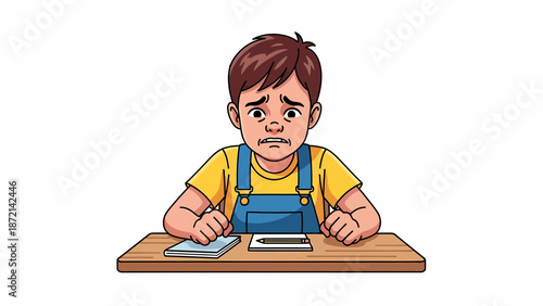 Worried Boy at Desk with Homework Cartoon Illustration.