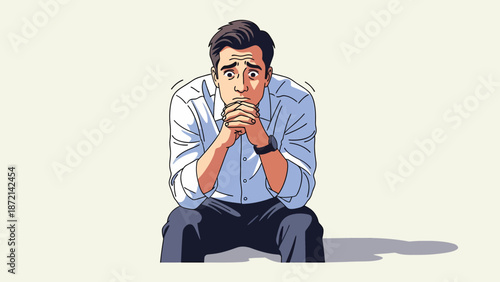 Worried Man Sitting with Hands Clasped Expressing Anxiety and Concern.