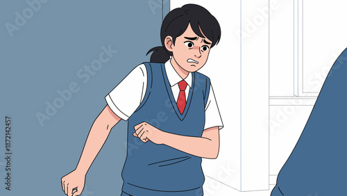 Worried Student in School Uniform with Anxious Expression.