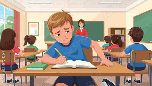 Worried student struggles with schoolwork in a classroom setting.