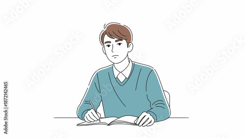 Young Man Deep in Thought While Studying at His Desk.