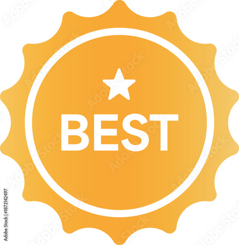 Best quality badge icon. Yellow circle label with star and text. Vector illustration for marketing.