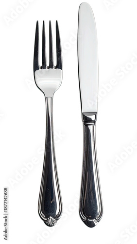 Shiny silverware fork and knife, on a black background