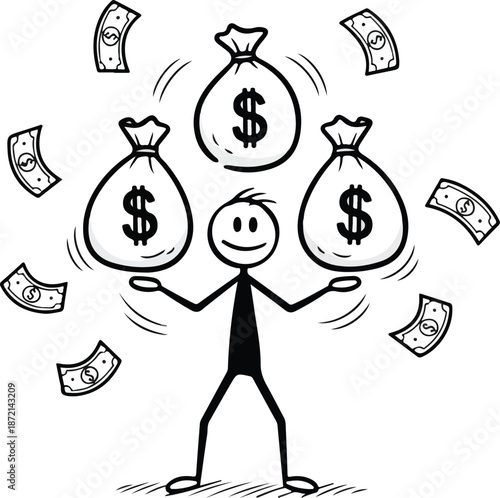 Man Juggling Money Bags with Dollar Signs.