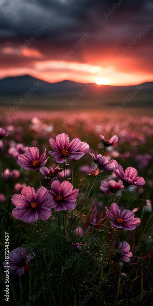 Fototapeta premium Pink cosmos flowers bloom during sunset in a field
