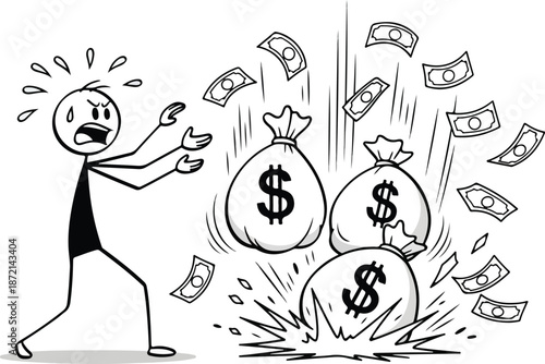 Man Overwhelmed by Falling Money Bags.