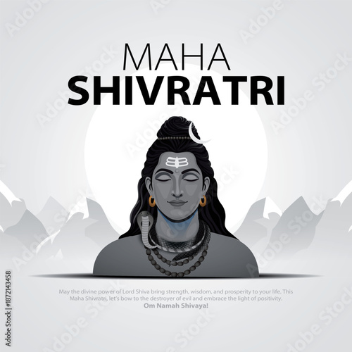 Happy maha Shivratri, a Hindu festival celebrated of lord shiva night. Creative vector illustration design with black and white tone lord shiva in mountain.