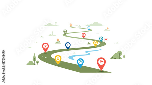Winding green road with colorful map pins and landmarks, illustrating a journey, travel itinerary, or strategic route.