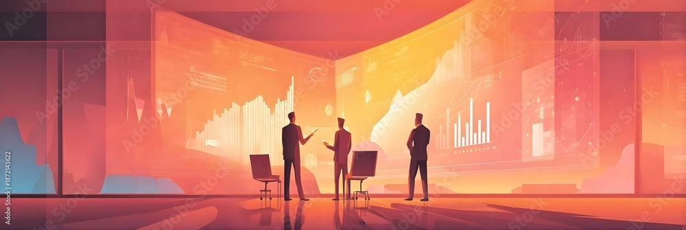Fototapeta premium Corporate team analyzing large digital charts and visual data displays in modern workspace symbolizing business intelligence strategy and growth planning