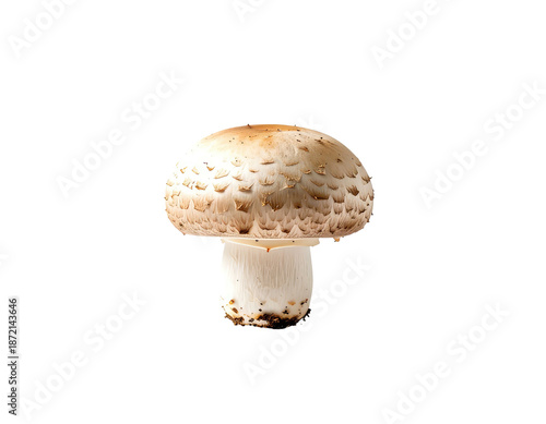 A single white mushroom against a stark black background, illuminated
