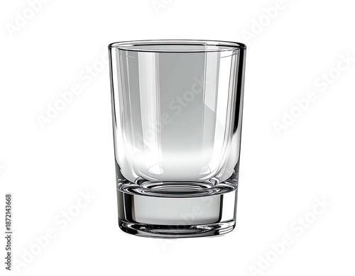 A clear, short, cylindrical glass reflecting light against a black backdrop