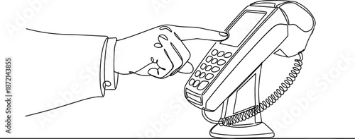 Continuous line art vector illustration of a hand using a payment terminal for credit card transaction and banking.