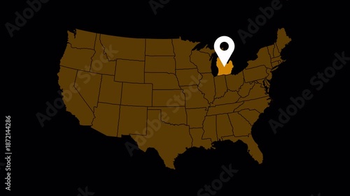 igh quality 4K animation of the Michigan state map with a location pin marker. Clean motion graphic suitable for navigation, travel, business location, presentations