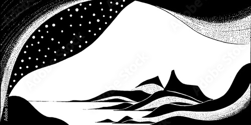 Monochrome abstract landscape with mountains and starry night sky