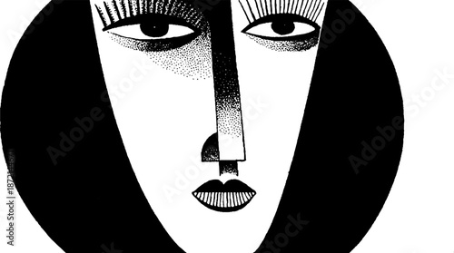 Abstract cubist face with bold shapes and monochrome palette