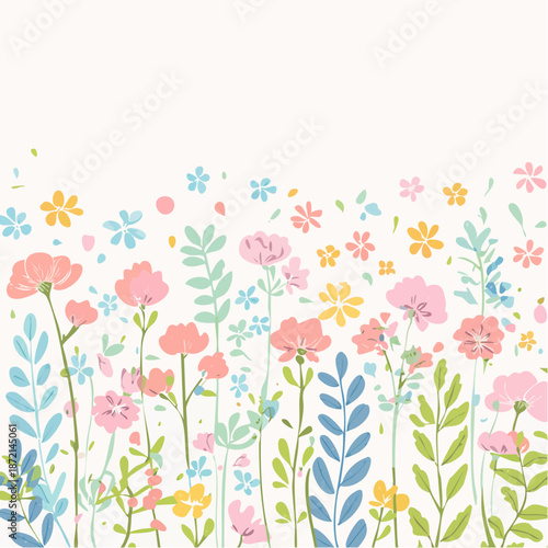 Scattered botanical seedlings across the canvas, tiny blooms in rough ink, 