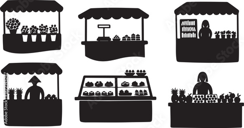 Market Stalls and Food Vendors Silhouette Illustrations