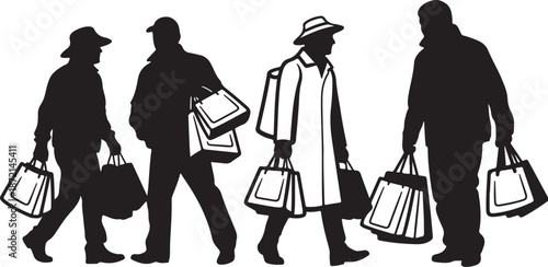 Silhouettes of people walking with shopping bags