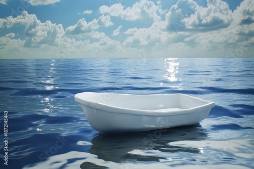 Serene white boat floating on calm ocean waters under a bright blue sky