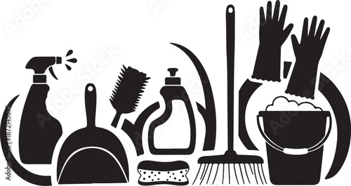 Cleaning supplies and tools in black silhouette style