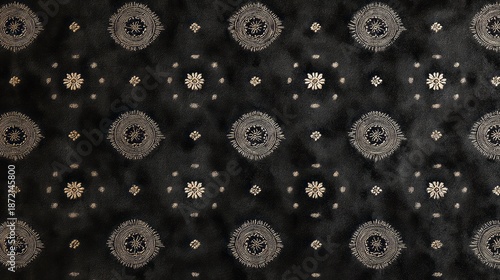 Ornate circular and floral motifs adorn a dark textured fabric.
