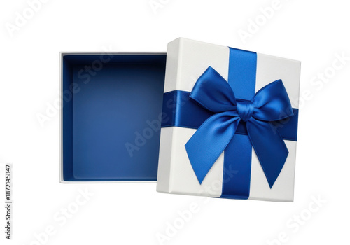 Open white gift box with blue ribbon isolated on transparent background