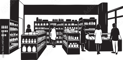Black and white illustration of a wine store interior
