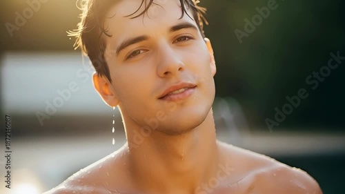 Man with wet muscular torso standing by the swimming pool. Athletic male body after a swim for healthy lifestyle and fitness concept.	