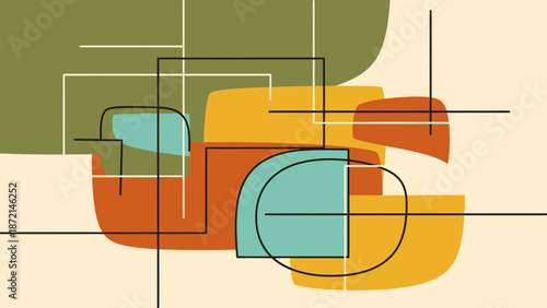 Abstract Composition with Geometric Shapes and Lines in Earthy Tones.