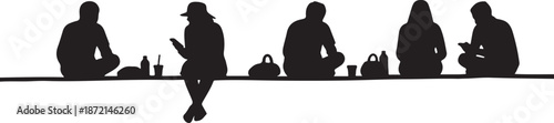 Silhouette of people sitting and walking on a ledge