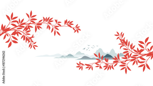Delicate branches with red leaves framing a serene landscape of distant mountains and a flock of birds, evoking a calm ambiance.