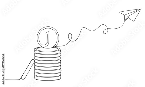 Stack of coins with paper plane in one continuous line drawing.business idea and financial concept.