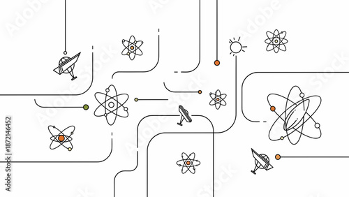 Abstract science and technology network with atoms and spaceships.