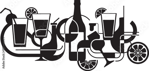 Black and white illustration of bicycle with cocktails