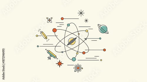 Atom Model with Orbiting Electrons and Science Icons Illustration.