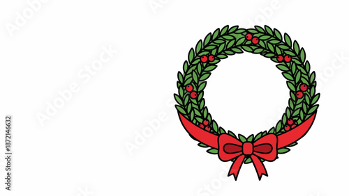 Festive Christmas Wreath with Red Bow and Berries Decoration.