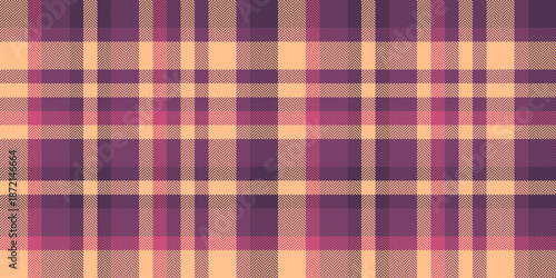 Asymmetric check plaid pattern, ireland seamless textile background. Textured tartan vector fabric texture in pink and orange colors.